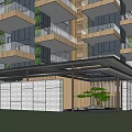 Modern High Rise Building Exterior With Glass Facade Wooden Balconies And Stone Entrance Area