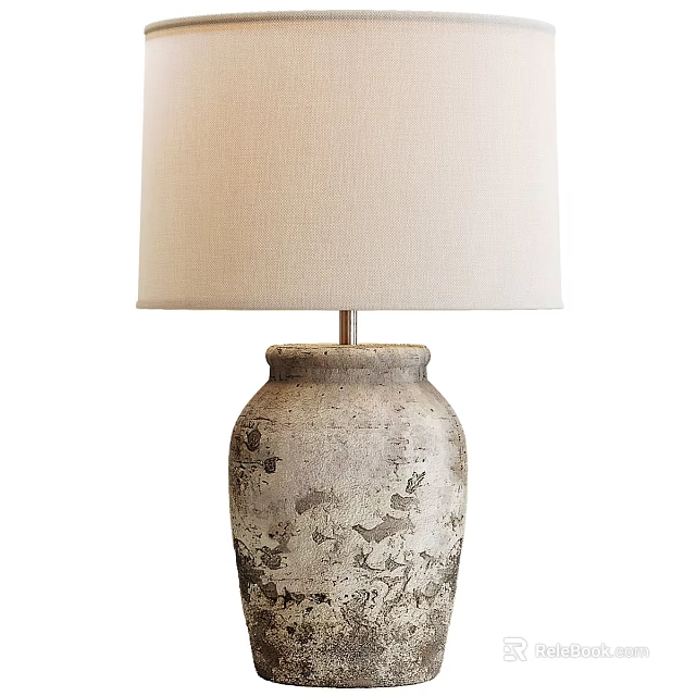 Rustic Ceramic Jar Table Lamp With Beige Fabric Lampshade And Distressed Texture 3d model 