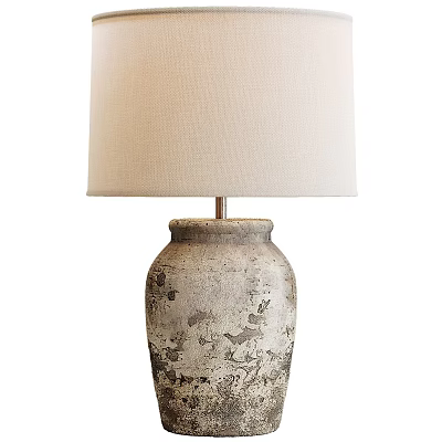 Rustic Ceramic Jar Table Lamp With Beige Fabric Lampshade And Distressed Texture 3d model