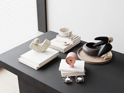 White Inflatable Abstract Sculpture On Black Table With Books Clock And White Blinds Background 3d model