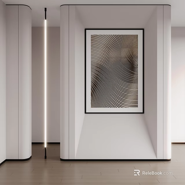 Modern Hallway Interior With Framed Landscape Painting Featuring Wavy Lines And Lighting 3d model