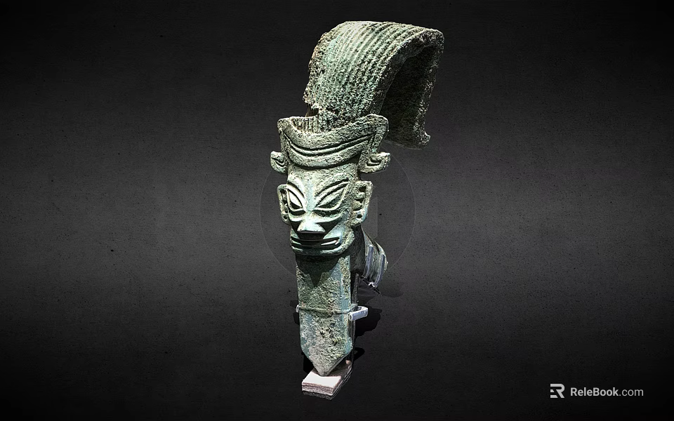 Ancient Bronze Sculpture With Intricate Facial Carving And Elaborate Headdress Design 3d model 