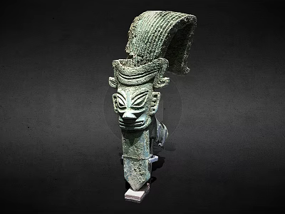 Ancient Bronze Sculpture With Intricate Facial Carving And Elaborate Headdress Design 3d model