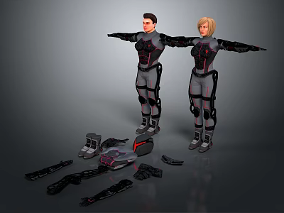 3D Rendering Of Two Human Characters In Armored Tech Suits With Scattered Gear 3d model