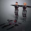 3D Rendering Of Two Human Characters In Armored Tech Suits With Scattered Gear