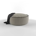 Light Beige Woven Round Pouf with Black Blanket and Textured Surface 3d model