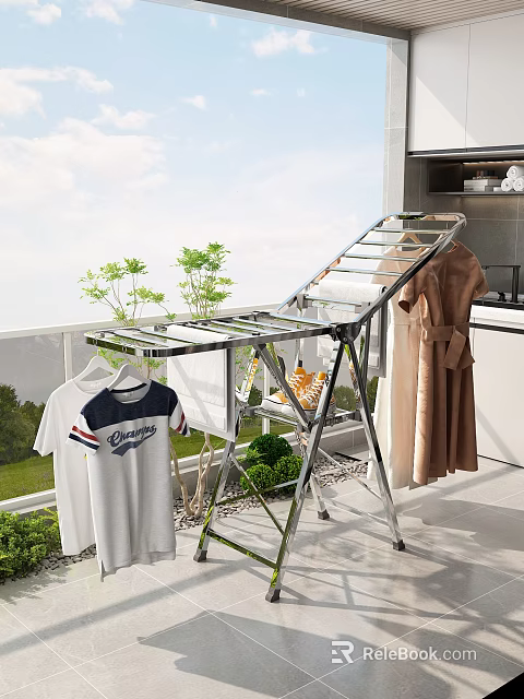 Stainless Steel Foldable Clothes Drying Rack on Balcony with Hanging Tshirt and Robe 3d model 