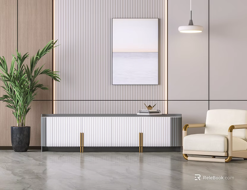 Modern Sleek TV Stand Interior With Green Plant Chair Wall Painting And Pendant Light 3d model 