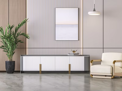 Modern Sleek TV Stand Interior With Green Plant Chair Wall Painting And Pendant Light 3d model