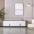 Modern Sleek TV Stand Interior With Green Plant Chair Wall Painting And Pendant Light