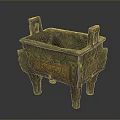 Carved Bronze Sculpture With Square Shape Decorative Patterns Legs And Handles In Green Gold Color