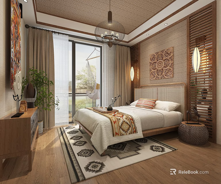 Cozy Hotel Guest Room Interior With Wooden Elements Chandelier Decorative Painting And Area Rug 3d model 
