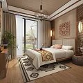 Cozy Hotel Guest Room Interior With Wooden Elements Chandelier Decorative Painting And Area Rug