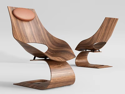 Two Modern Wooden Lounge Chairs With Curved Structure And Brown Cushion 3d model