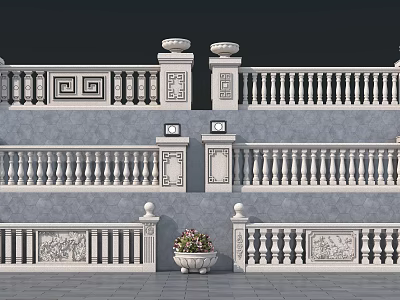 Various Decorative Stone Balustrades Featuring Intricate Carvings And Ornate Posts 3d model