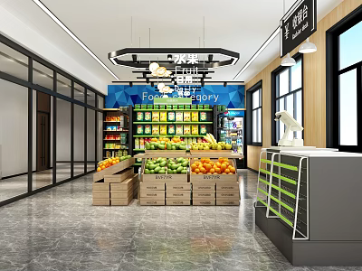 Modern Supermarket Interior With Fresh Produce Shelves Fruit Displays And Cashier Counter 3d model