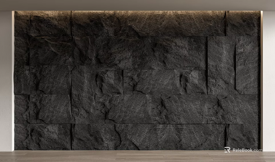 Dark Slate Stone Feature Wall with Natural Rough Texture and Warm Top Lighting Design 3d model 