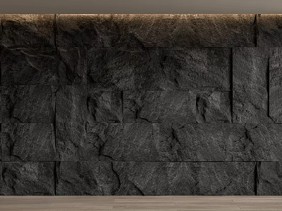 Dark Slate Stone Feature Wall with Natural Rough Texture and Warm Top Lighting Design 3d model