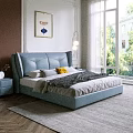 Modern Elegant Blue Double Bed With Upholstered Headboard In Bright Bedroom With Window Green View