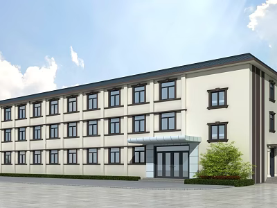Modern Office Building Exterior With Light Beige Facade Black Window Frames And Green Shrubs 3d model