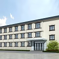 Modern Office Building Exterior With Light Beige Facade Black Window Frames And Green Shrubs