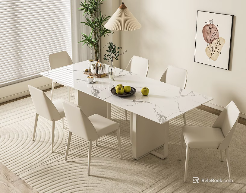 Modern Marble Top Dining Table Set With Six White Chairs And Floor Lamp 3d model 