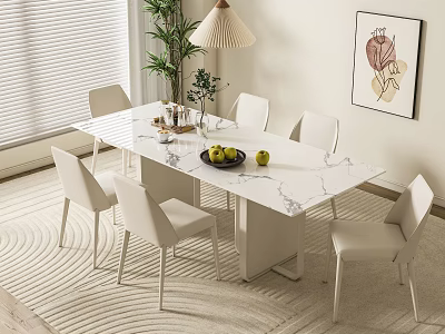 Modern Marble Top Dining Table Set With Six White Chairs And Floor Lamp 3d model