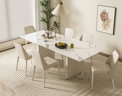Modern Marble Top Dining Table Set With Six White Chairs And Floor Lamp 3d model