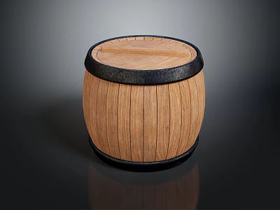 Rustic Wooden Barrel With Black Metal Hoops And Round Top On Dark Background 3d model