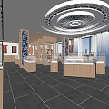 Elegant Exhibition Hall Interior With Wooden Display Cases Large Windows And Decorative Ceiling