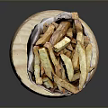 Crispy French Fries Served in Paper Bag on Wooden Board over Dark Background