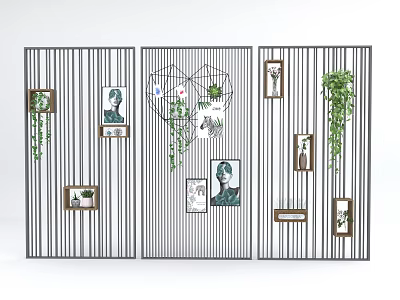 Vertical Striped Room Divider With Framed Pictures Green Plants And Heart Decor 3d model