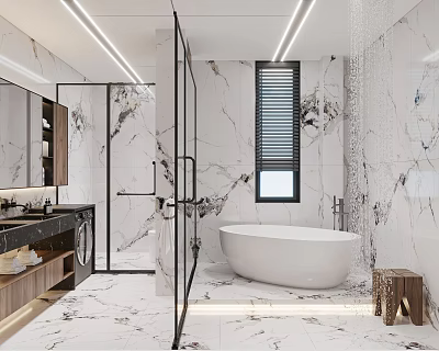 Modern Bathroom With Marble Tiles Freestanding Tub And Glass Shower 3d model