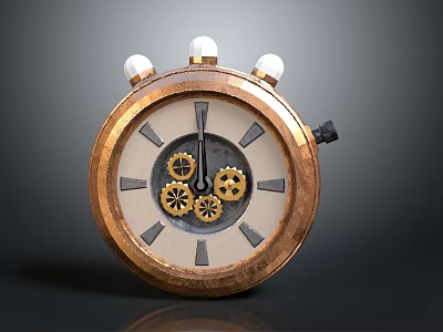 Vintage Mechanical Clock Design With Brass Frame Exposed Gears And White Knobs 3d model
