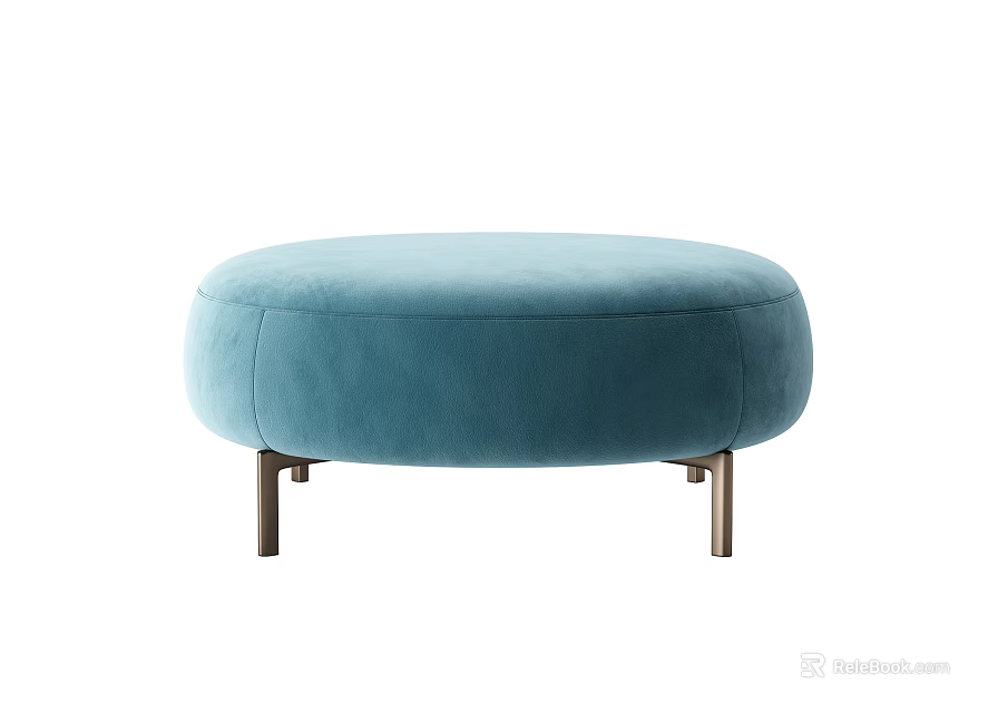 Stylish Modern Blue Round Ottoman With Upholstered Top And Metal Legs 3d model 