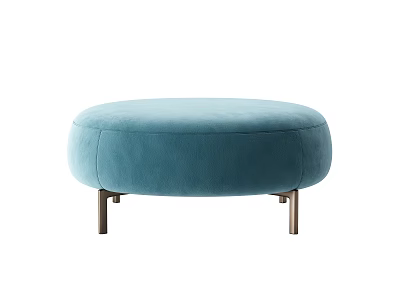 Stylish Modern Blue Round Ottoman With Upholstered Top And Metal Legs 3d model