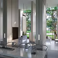 Modern Leisure Area With Floor To Ceiling Windows Green Plants White Sofas And Coffee Table