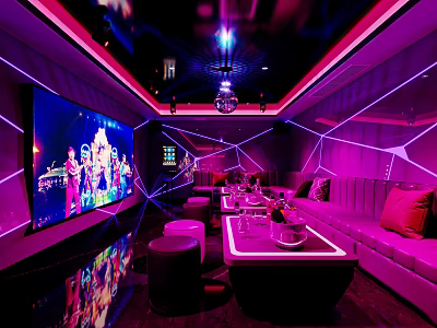 Stylish KTV Lounge Interior With Purple Lighting Large Screen TV Sofas Tables And Decorative Lights 3d model