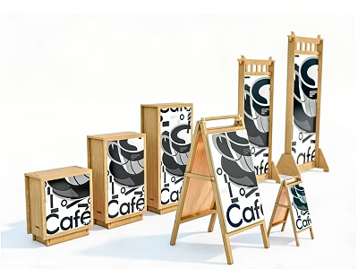 Wooden Cafe Signage With Different Sizes And Black White Design Display Stands 3d model
