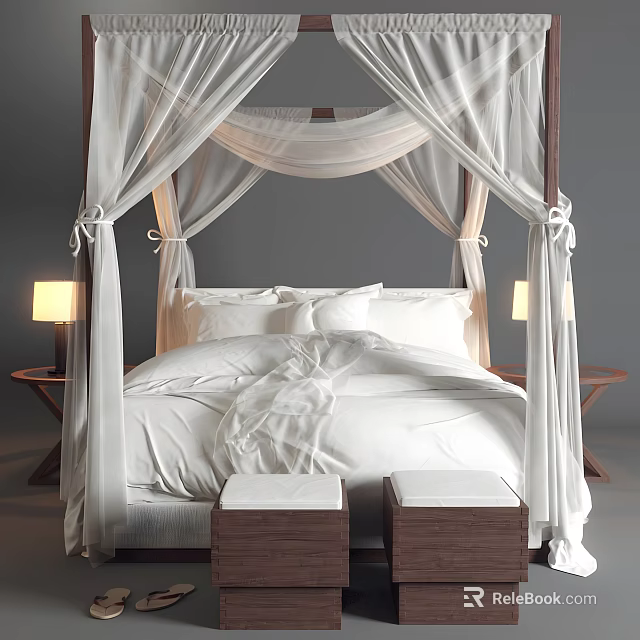 Double Bed with Canopy White Linens Side Tables Lamps and Two Stools at Foot 3d model 