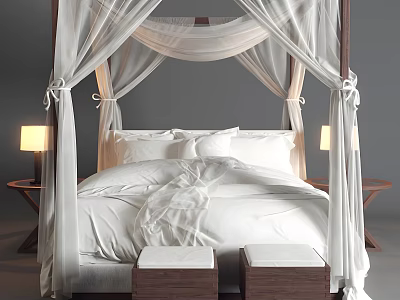 Double Bed with Canopy White Linens Side Tables Lamps and Two Stools at Foot 3d model