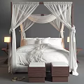 Double Bed with Canopy White Linens Side Tables Lamps and Two Stools at Foot