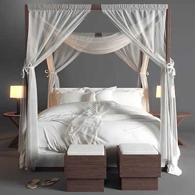 Double Bed with Canopy White Linens Side Tables Lamps and Two Stools at Foot 3d model
