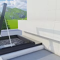 Detached Villa Open Black Frame Roof Skylight Overlooking Green Lawn Trees and Mountain Backdrop