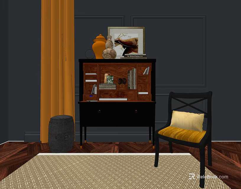 Modern Entryway Console Table And Side Cabinet With Yellow Cushion Chair Wall Art And Woven Rug 3d model 