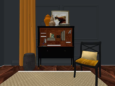 Modern Entryway Console Table And Side Cabinet With Yellow Cushion Chair Wall Art And Woven Rug 3d model