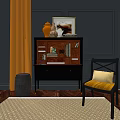 Modern Entryway Console Table And Side Cabinet With Yellow Cushion Chair Wall Art And Woven Rug