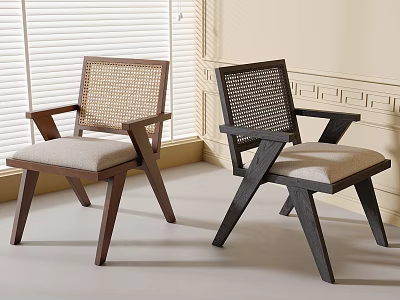 Modern Dining Chairs Featuring Rattan Backrest Wooden Frame Armrests And Light Upholstered Seat Cushions 3d model