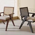 Modern Dining Chairs Featuring Rattan Backrest Wooden Frame Armrests And Light Upholstered Seat Cushions