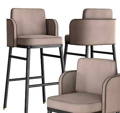 Stylish Modern Beige Upholstered Bar Stools With Armrests And Black Metal Legs 3d model